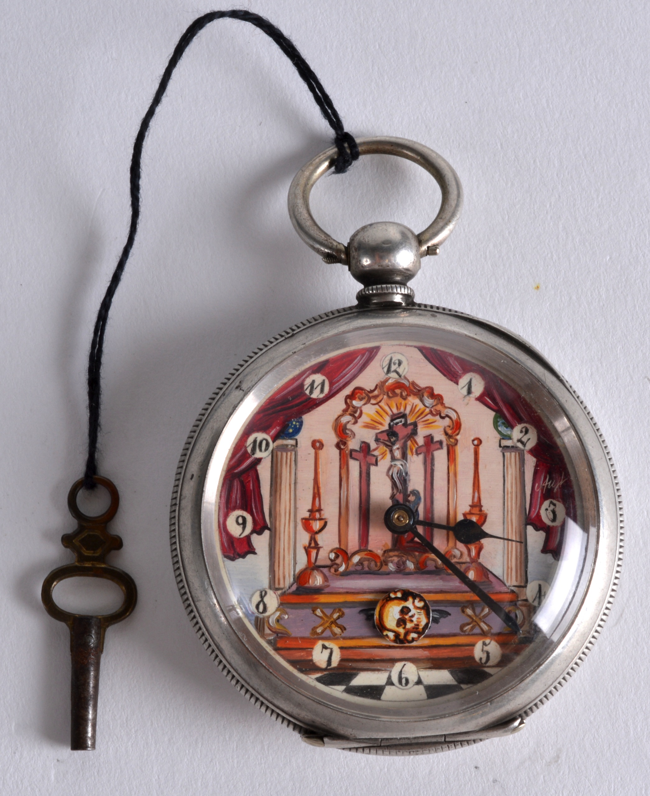 AN EARLY 20TH CENTURY CONTINENTAL SILVER POCKET WATCH the front painted with a scene of Jesus upon