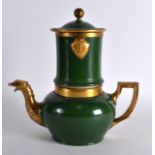 A MID 19TH CENTURY PARIS PORCELAIN COFFEE POT AND COVER with gilt griffin spout. 10Ins high.