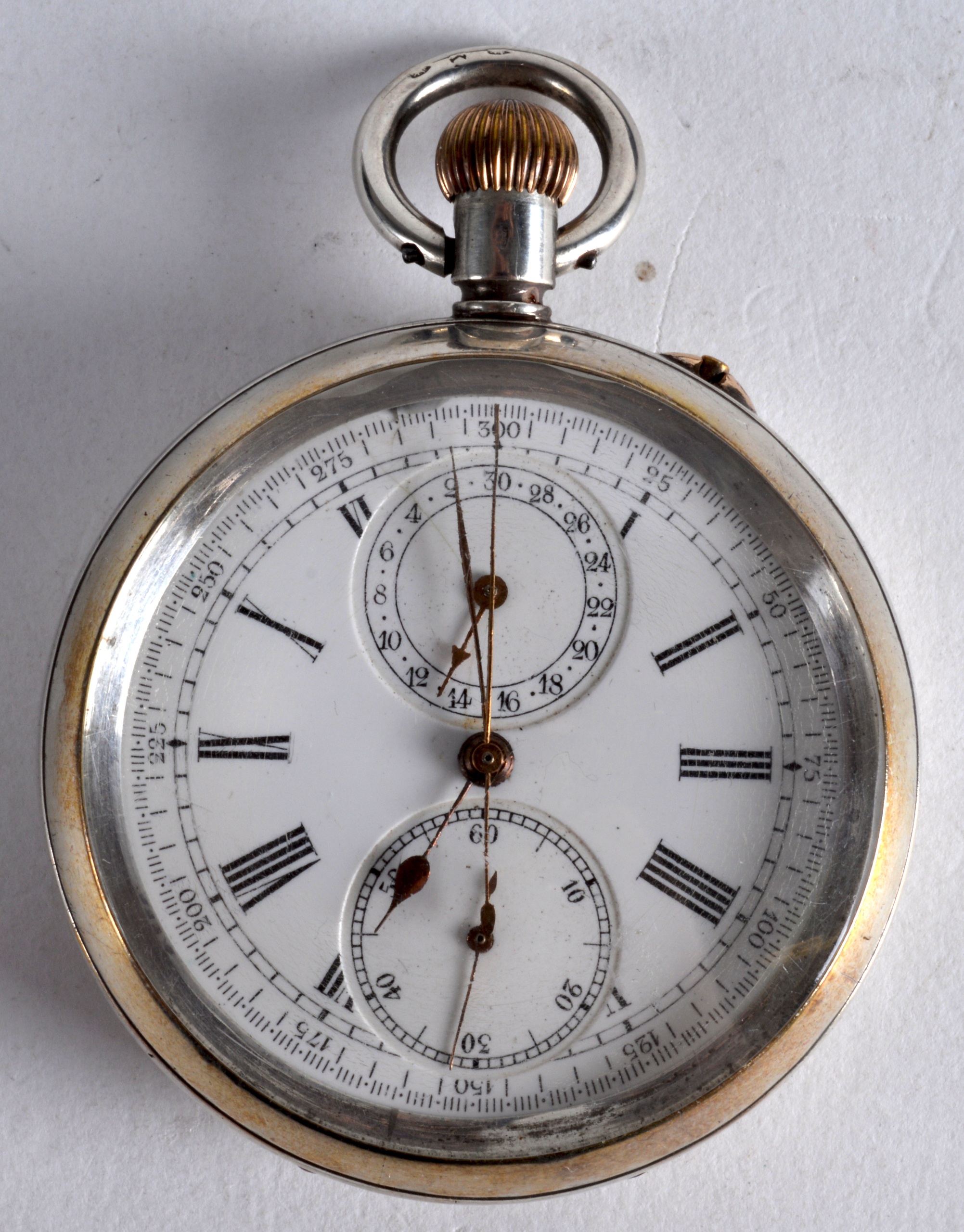 A LATE 19TH/20TH CENTURY CONTINENTAL SILVER POCKET WATCH with two subsidiary dials and fitted