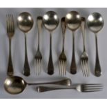 A SET OF TEN ENGLISH SILVER HALLMARKED SILVER FORKS AND SPOONS. 23oz. (10)