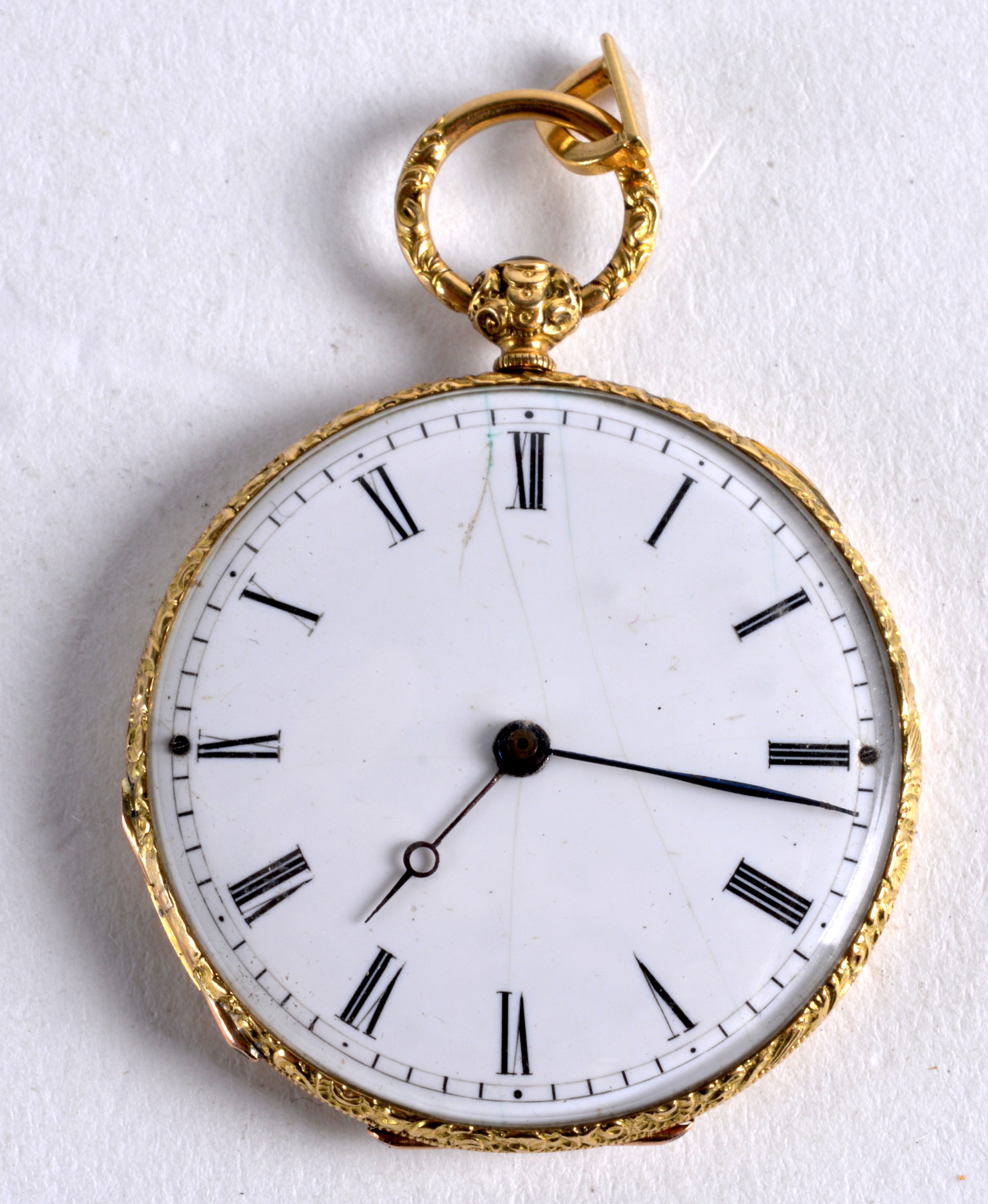 A LOVELY EDWARDIAN 18CT YELLOW GOLD AND ENAMEL LADIES FOB WATCH. 1.25ins diameter.