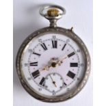 AN UNUSUAL LATE 19TH CENTURY WHITE METAL GENTLEMANS POCKET WATCH the reverse painted with scene of a