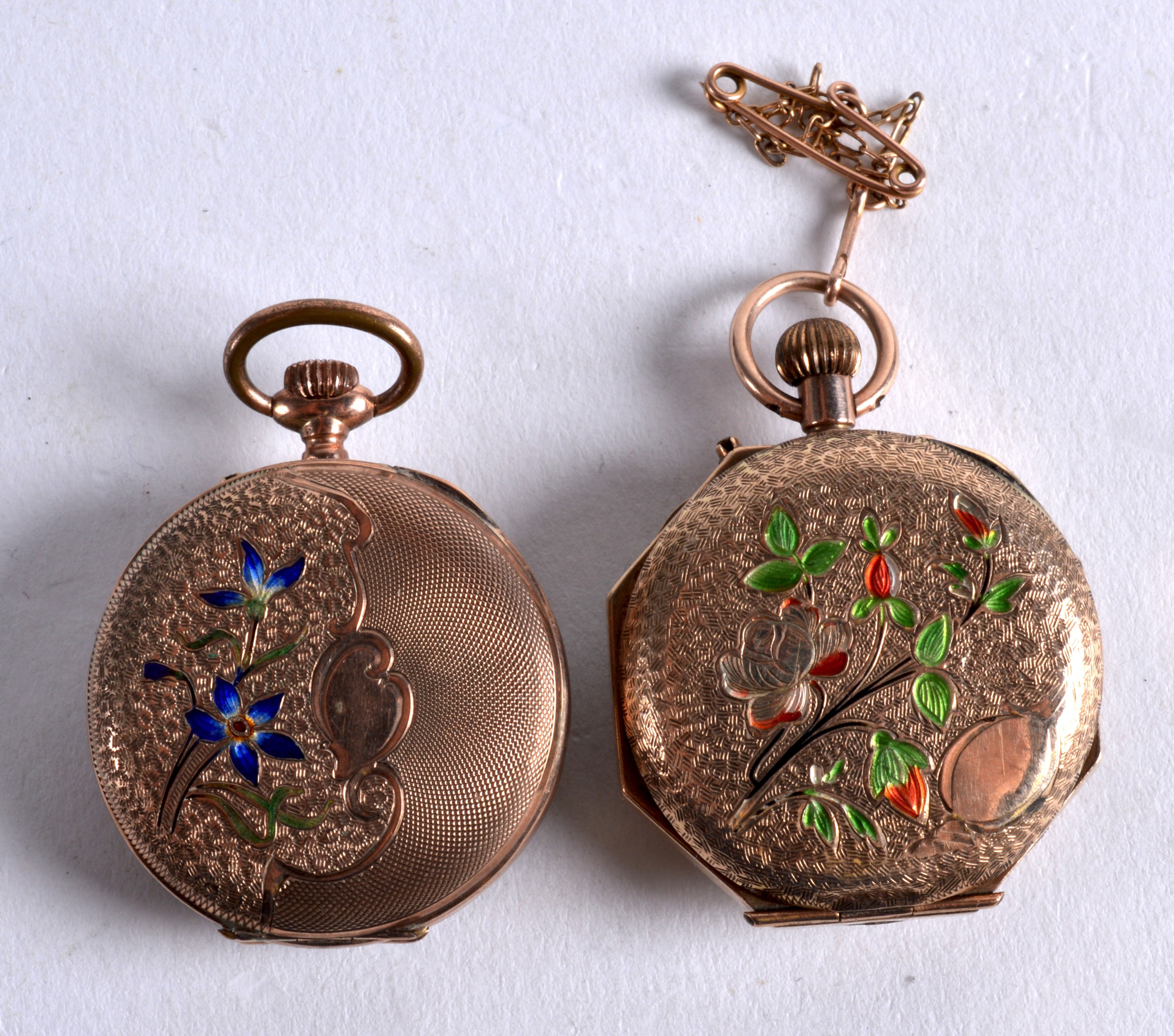 TWO EDWARDIAN 9CT YELLOW GOLD AND ENAMEL LADIES FOB WATCHES. (2) - Image 2 of 3