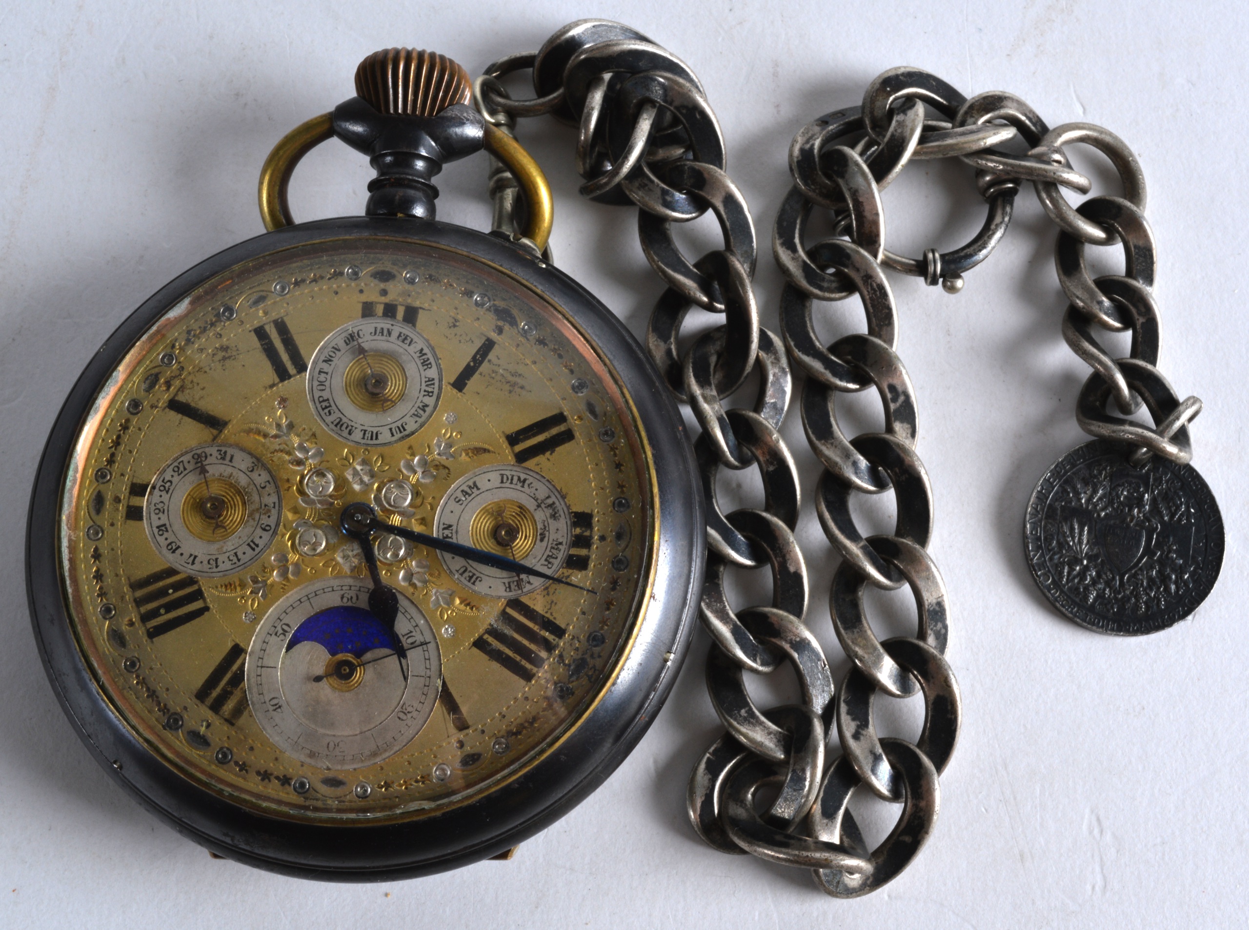A LARGE 19TH CENTURY GENTLEMANS GOLIATH POCKET WATCH with four subsidiary dials, the white metal