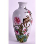 A CHINESE REPUBLICAN PERIOD FAMILLE ROSE VASE bearing Qianlong marks to base, painted with two birds