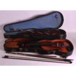 TWO VINTAGE CASED VIOLINS together with three carved wood bows. (5)