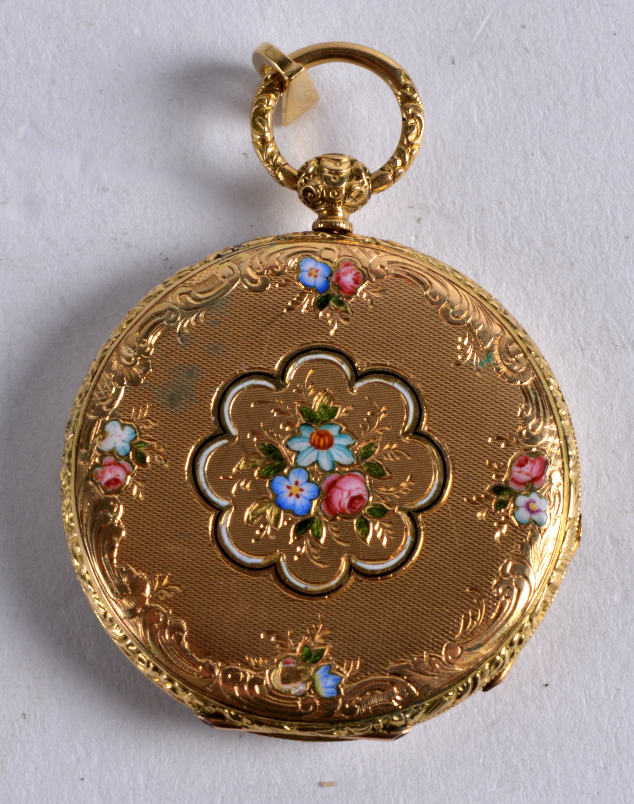 A LOVELY EDWARDIAN 18CT YELLOW GOLD AND ENAMEL LADIES FOB WATCH. 1.25ins diameter. - Image 2 of 3