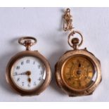 TWO EDWARDIAN 9CT YELLOW GOLD AND ENAMEL LADIES FOB WATCHES. (2)
