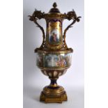 A FINE LARGE 19TH CENTURY FRENCH SEVRES PORCELAIN VASE AND COVER with lovely quality ormolu