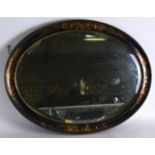 A LATE 19TH/20TH CENTURY BLACK LACQUER CHINESE STYLE MIRROR decorated in gilt with figures and