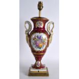 A LATE 19TH CENTURY FRENCH TWIN HANDLED PORCELAIN VASE converted to a lamp, decorated with