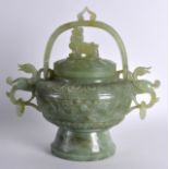 A LARGE EARLY 20TH CENTURY CHINESE GREEN HARDSTONE CENSER AND COVER Republic, with buddhistic