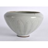 A CHINESE SUNG STYLE GREY GLAZED BOWL with mushroom lip and lotus moulded body. 2.5ins high.