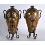 A FINE PAIR OF EARLY 20TH CENTURY JAPANESE MEIJI PERIOD SHIBAYAMA VASES mounted in silver,