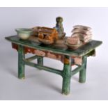 AN UNUSUAL CHINESE TANG DYNASTY SANCAI GLAZED OFFERING TABLE of rectangular form, together with