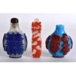 A 19TH CENTURY CHINESE BEIJING 'SNOWFLAKE' GLASS SNUFF BOTTLE AND STOPPER together with two other