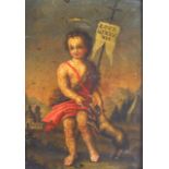 A 17TH/18TH CENTURY CONTINENTAL OIL ON TIN depicting a young boy beside a lamb. Image 4.5ins x 6.