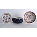 AN 18TH CENTURY CHINESE FAMILLE ROSE SAUCER together an imari saucer and a brush washer. (3)