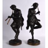 A FINE PAIR OF 19TH CENTURY BRONZE ITALIAN BRONZE FIGURES OF MUSICIANS each modelled playing