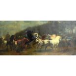 Italian School (19th Century) Oil on canvas, 'Figures leading the horses'. Image 4ft 1ins x 1ft