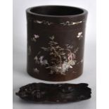 AN EARLY 20TH CENTURY CHINESE CARVED HONGMU BRUSH POT decorated with figures upon a bridge, together