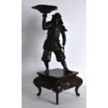 A GOOD 19TH CENTURY JAPANESE BRONZE FIGURE OF A SAMURAI modelled holding aloft an open dish, in