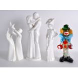 A SET OF THREE ROYAL DOULTON & SPODE WHITE GLAZED FIGURES together with a Murano glass clown.