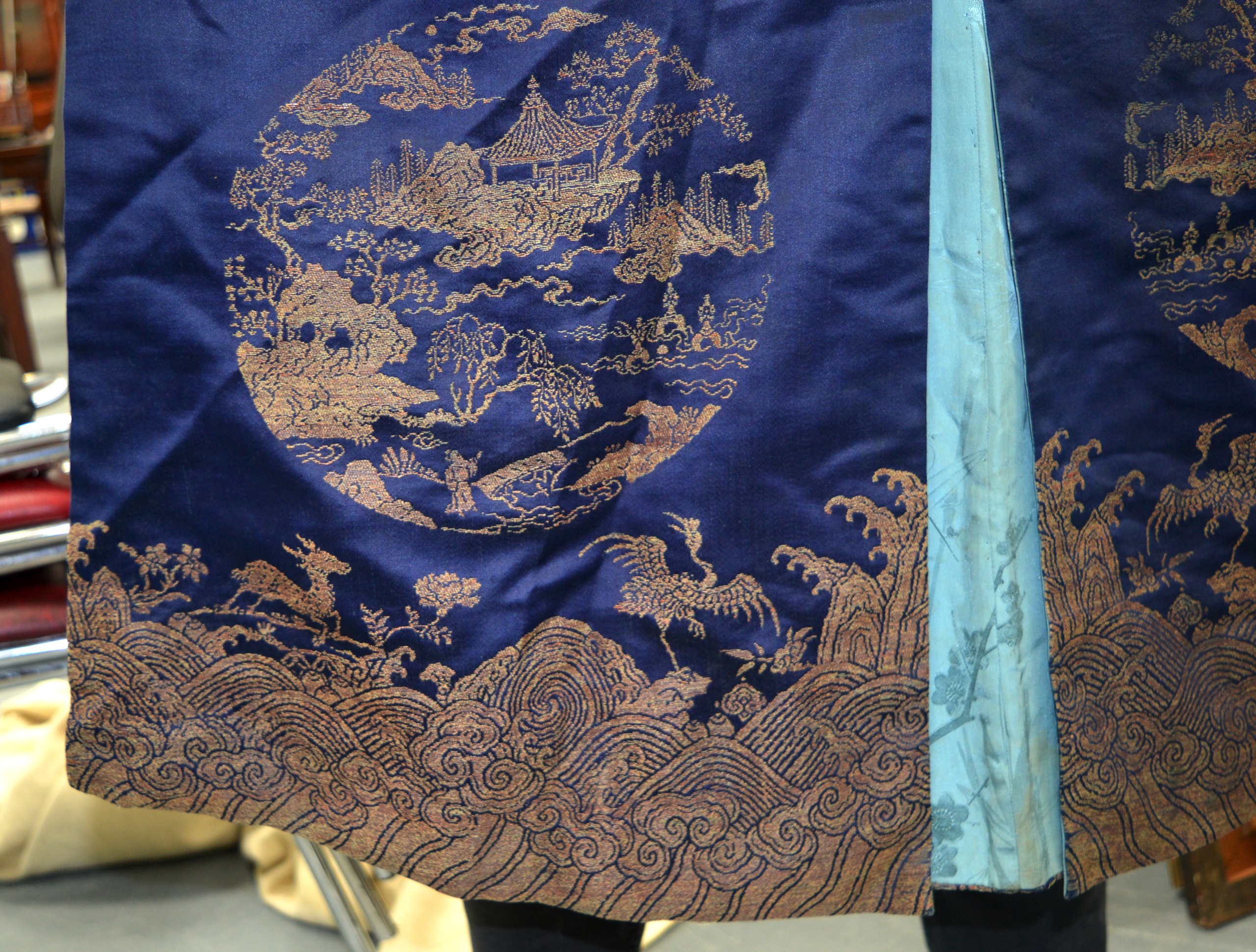 AN UNUSUAL 19TH CENTURY CHINESE BLUE SILKWORK ROBE decorated with insects and landscapes, the - Image 3 of 8