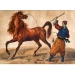 Russian School (19th Century) Watercolour, 'Male training a horse', bearing inscription to