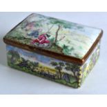 AN 18TH CENTURY EUROPEAN ENAMEL RECTANGULAR SNUFF BOX painted with figures within a landscape, the