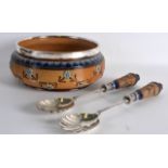 AN UNUSUAL LATE 19TH CENTURY ROYAL DOULTON LAMBETH STONEWARE BOWL with matching serving utensils, by