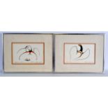 A PAIR OF INTERESTING FRAMED LITHOGRAPHS depicting stylised birds. 8.75ins x 6ins.