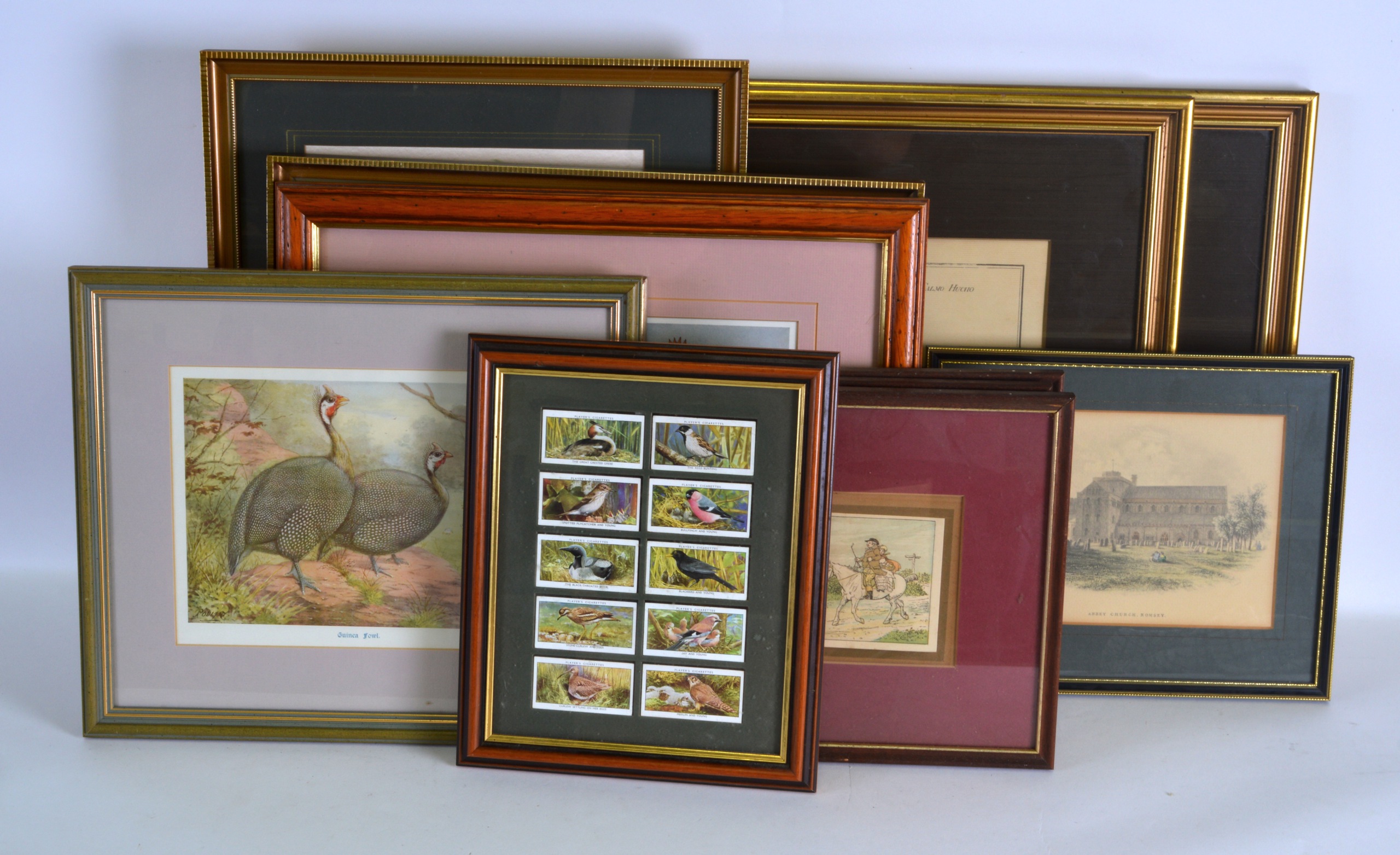 A BOX OF VARIOUS PRINTS together with framed cigarette cards etc. (qty)