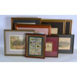 A BOX OF VARIOUS PRINTS together with framed cigarette cards etc. (qty)