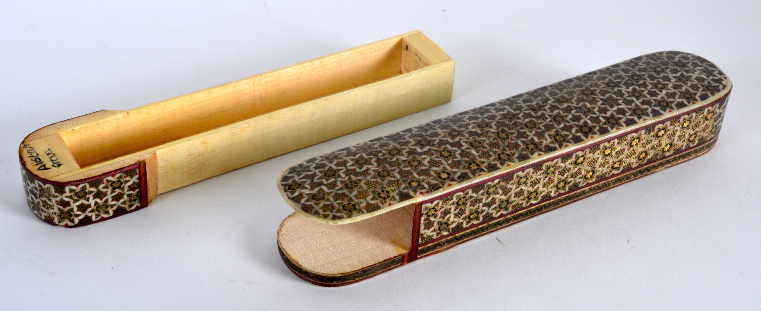 AN EARLY 20TH CENTURY PERSIAN IVORY INLAID MOSAIC PEN BOX. 8Ins wide.