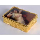 AN 18CT GOLD PLATED NUDE ENAMEL PILL BOX.