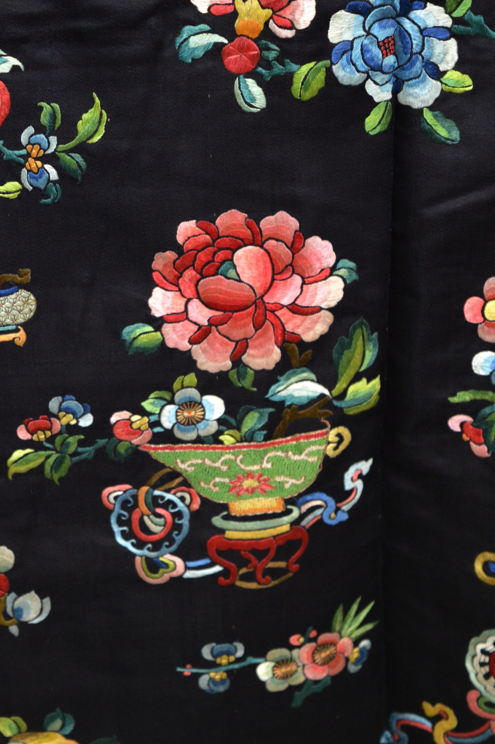 A FINE 19TH CENTURY CHINESE BLUE SILKWORK ROBE decorated in bright colours with flowers, motifs - Image 3 of 4