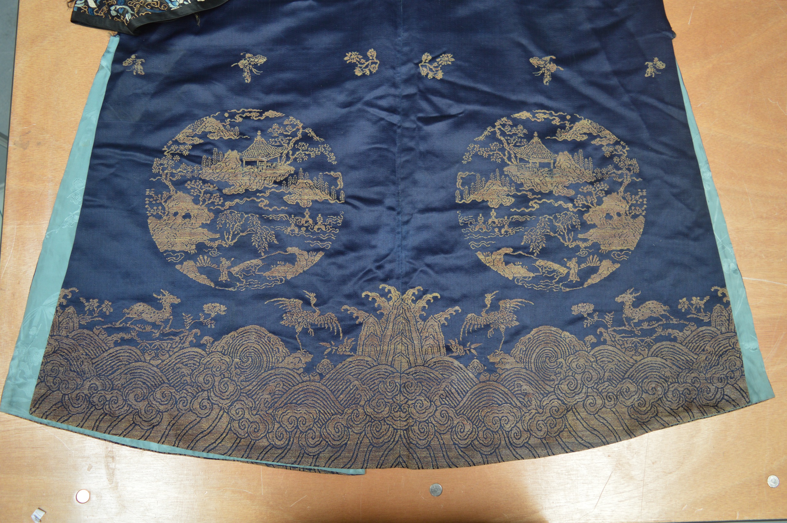 AN UNUSUAL 19TH CENTURY CHINESE BLUE SILKWORK ROBE decorated with insects and landscapes, the - Image 5 of 8