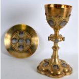 A FINE CASED ANTIQUE FRENCH SILVER GILT COMMUNION GOBLET AND COVER decorated all over with panels of