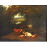 Joshua Shaw of Bath (1776-1861) Oil on board, 'Grazing cattle'. Image 11.5ins x 9ins.