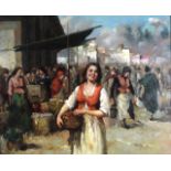 Giuseppe Pitto (1857-1928) Italian, Oil on board, 'Market scene, women with basket'. Image 2ft