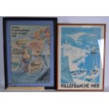 A VINTAGE VILLEFRANCHES MER POSTER designed by Roger Broders, together with another framed print. (