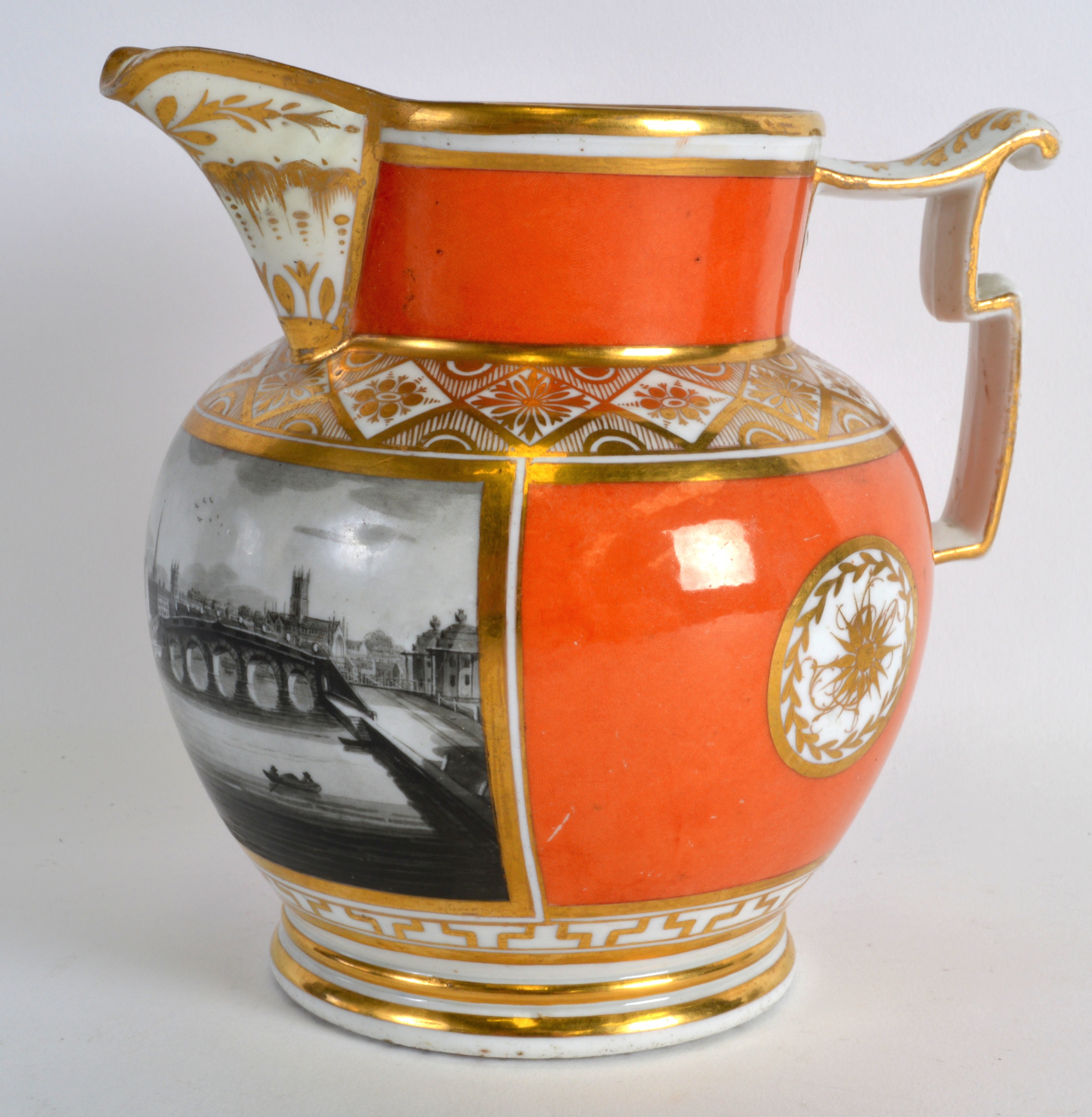 AN EARLY 19TH CENTURY GRAINGERS WORCESTER JUG painted in sepia with a landscape. 6.25ins high.