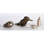 A SMALL VINTAGE SILVER CLAM SHELL together with a silver scent bottle etc. (4)