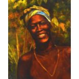 African School (20th Century) Oil on board, 'Female figure', signed Martins. Image 1ft 3.5ins x