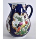 A GOOD 18TH CENTURY WORCESTER SPARROWBEAK JUG painted with birds upon a blue ground. 4.5ins high.