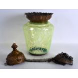 A GOOD FRENCH VASELING GREEN GLASS LANTERN decorated with foliage. Glass 9.5ins high.