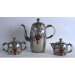 A VERY RARE EARLY 20TH CENTURY CHINESE PEWTER AND AGATE COFFEE SET with white jade twisted handle,