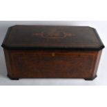 A LOVELY LARGE 19TH CENTURY SWISS BURR WALNUT MUSIC BOX playing eight airs, in a wonderfully figures