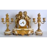 A MID 19TH CENTURY FRENCH MARBLE AND ORMOLU CLOCK GARNITURE the dial signed Maple & Co, modelled